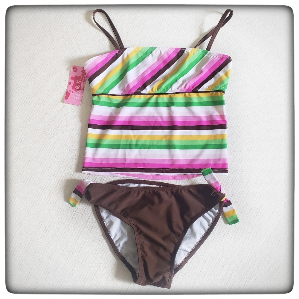 NWT Xhilaration Girls Striped Tankini, Large